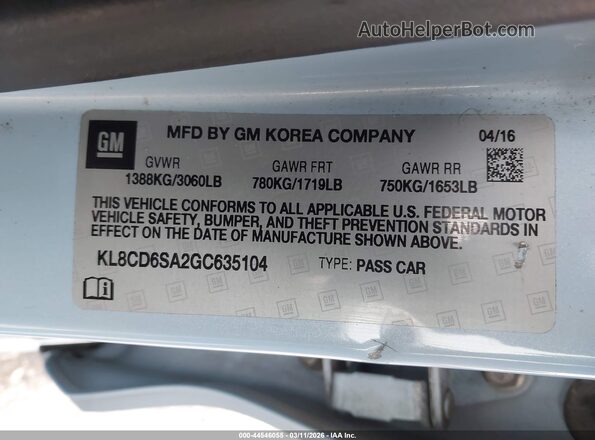 KL8CD6SA2GC635104 2016 CHEVROLET SPARK Light Blue Вид підкапотного простору