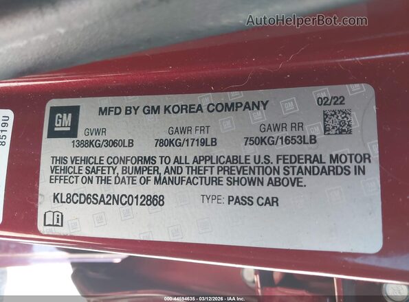 KL8CD6SA2NC012868 2022 CHEVROLET SPARK Red 