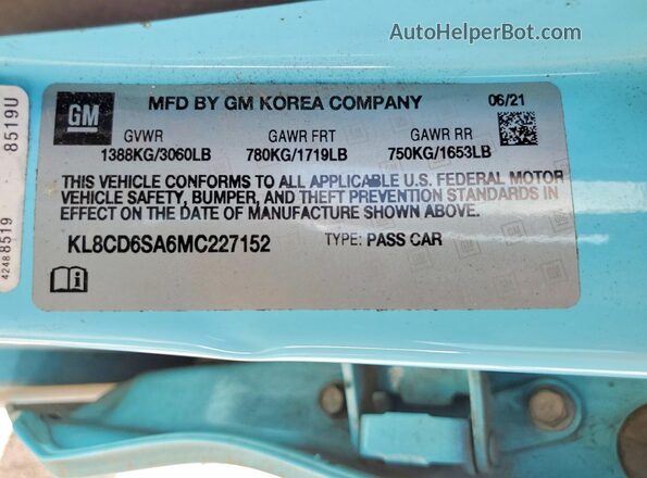 KL8CD6SA6MC227152 2021 CHEVROLET SPARK Turquoise Widok komory silnika