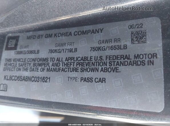 KL8CD6SA8NC031621 2022 CHEVROLET SPARK Gray ძრავის განყოფილების ხედი