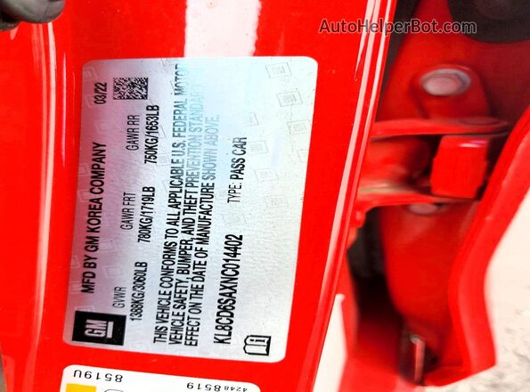KL8CD6SAXNC014402 2022 CHEVROLET SPARK Red Вид наклейки з VIN-кодом