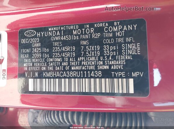 KM8HACA38RU111438 2024 HYUNDAI KONA Red ძრავის განყოფილების ხედი