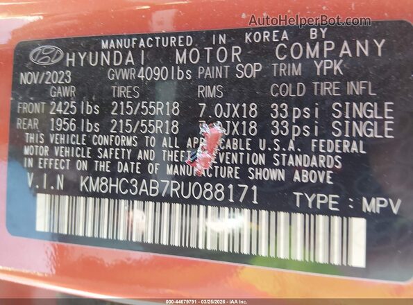 KM8HC3AB7RU088171 2024 HYUNDAI KONA Orange Вид підкапотного простору