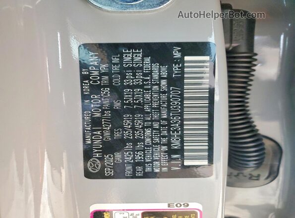 KM8HE3A36TU390707 2026 HYUNDAI KONA Gray VIN კოდის სტიკერის ხედი