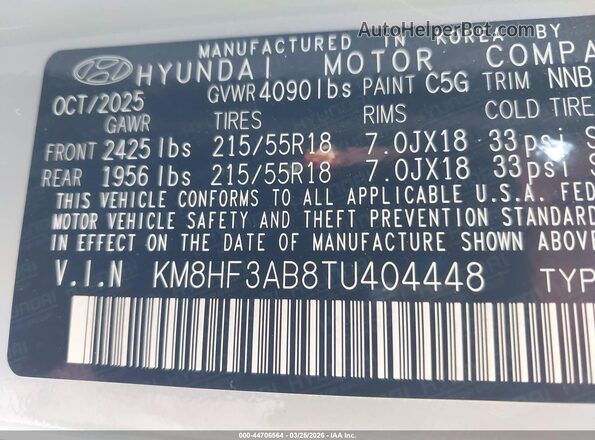 KM8HF3AB8TU404448 2026 HYUNDAI KONA Light Blue 