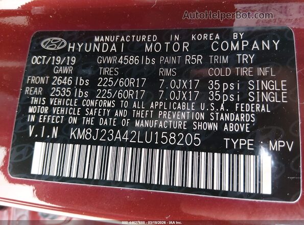 KM8J23A42LU158205 2020 HYUNDAI TUCSON Red ძრავის განყოფილების ხედი