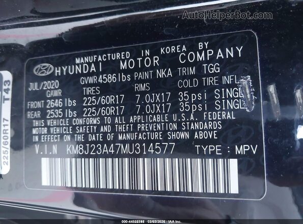 KM8J23A47MU314577 2021 HYUNDAI TUCSON Черный Вид подкапотного пространства