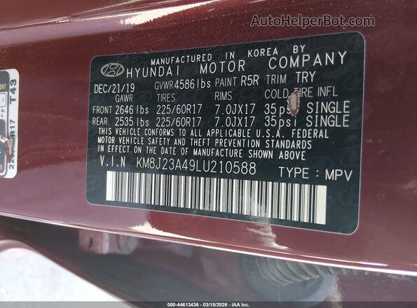 KM8J23A49LU210588 2020 HYUNDAI TUCSON Burgundy Вид підкапотного простору