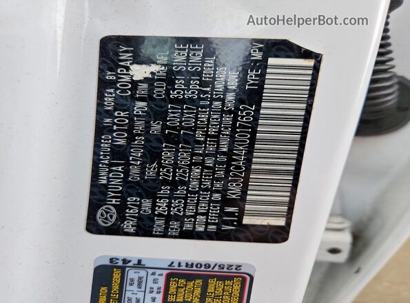 KM8J2CA44KU017652 2019 HYUNDAI TUCSON Белый Панорамный вид салона 360°