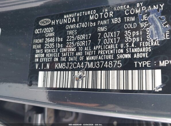 KM8J2CA47MU374875 2021 HYUNDAI TUCSON Blue Շարժիչի բաժամունքի տեսք