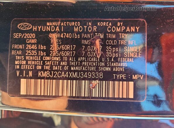 KM8J2CA4XMU349338 2021 HYUNDAI TUCSON Black Widok naklejki z numerem VIN