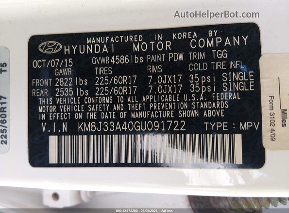 KM8J33A40GU091722 2016 HYUNDAI TUCSON White Engine compartment view