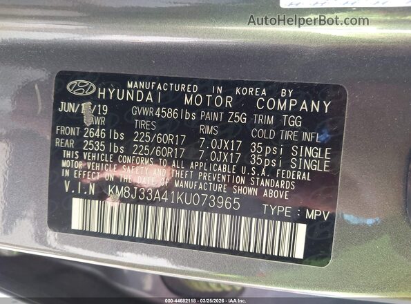 KM8J33A41KU073965 2019 HYUNDAI TUCSON Gray Շարժիչի բաժամունքի տեսք