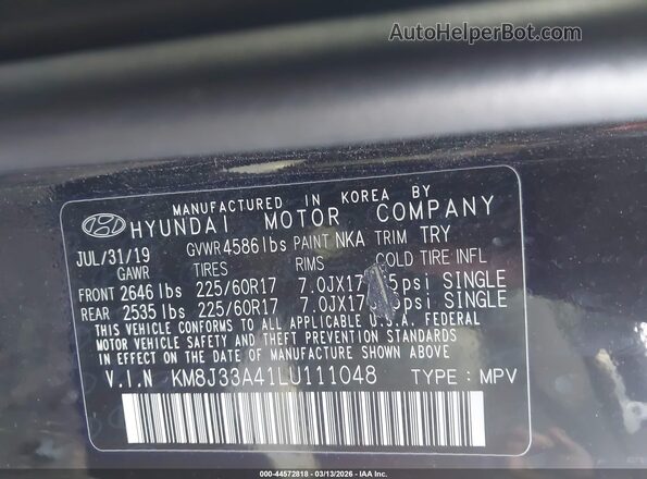 KM8J33A41LU111048 2020 HYUNDAI TUCSON Black Engine compartment view