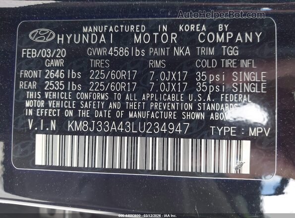 KM8J33A43LU234947 2020 HYUNDAI TUCSON Black Widok komory silnika