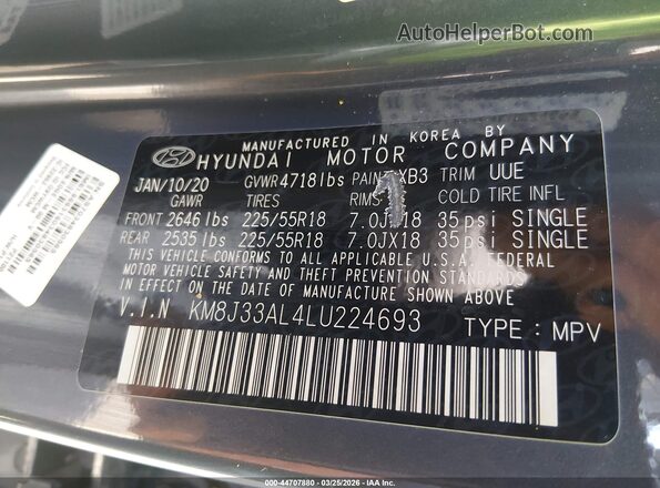 KM8J33AL4LU224693 2020 HYUNDAI TUCSON Gray Vista del compartimento del motor