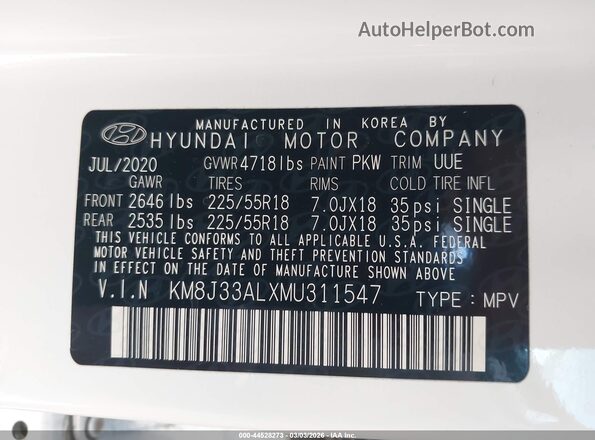 KM8J33ALXMU311547 2021 HYUNDAI TUCSON White Շարժիչի բաժամունքի տեսք
