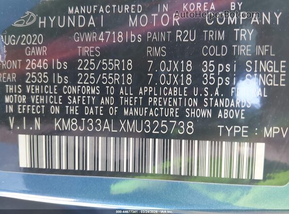 KM8J33ALXMU325738 2021 HYUNDAI TUCSON Blue Vista del compartimento del motor
