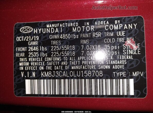 KM8J3CAL0LU158708 2020 HYUNDAI TUCSON Red Widok komory silnika