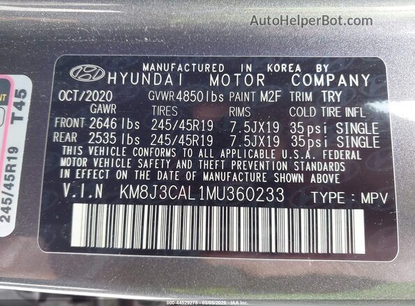 KM8J3CAL1MU360233 2021 HYUNDAI TUCSON Gray Շարժիչի բաժամունքի տեսք