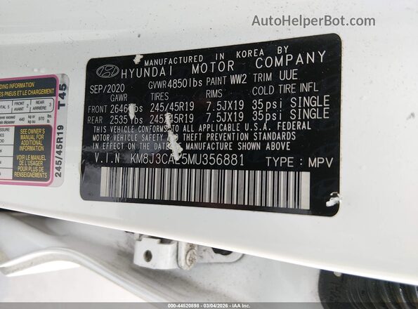KM8J3CAL5MU356881 2021 HYUNDAI TUCSON White Вид підкапотного простору