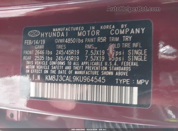 KM8J3CAL9KU964545 2019 HYUNDAI TUCSON Темно-бордовый 