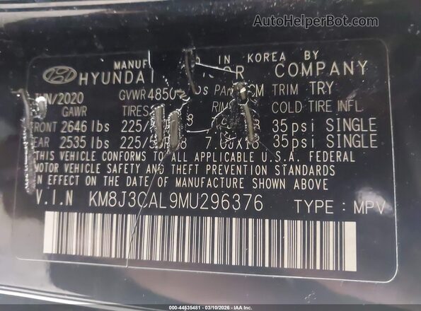 KM8J3CAL9MU296376 2021 HYUNDAI TUCSON Black ძრავის განყოფილების ხედი