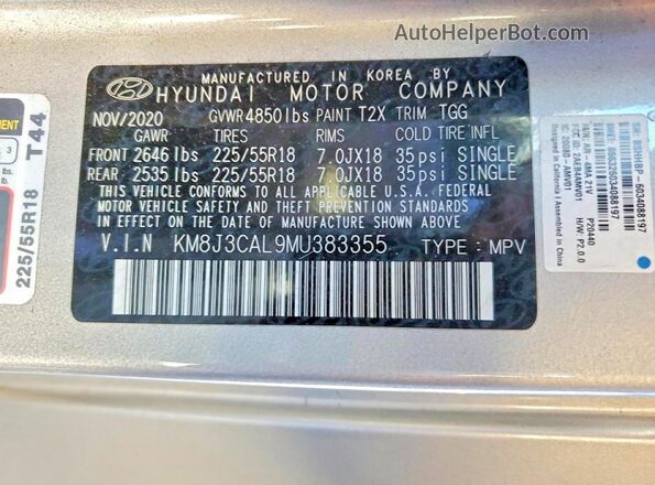 KM8J3CAL9MU383355 2021 HYUNDAI TUCSON Silver Вид наклейки з VIN-кодом