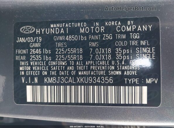 KM8J3CALXKU934356 2019 HYUNDAI TUCSON Gray 