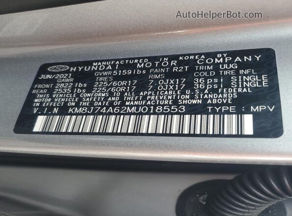 KM8J74A62MU018553 2021 HYUNDAI NEXO Gray Widok naklejki z numerem VIN