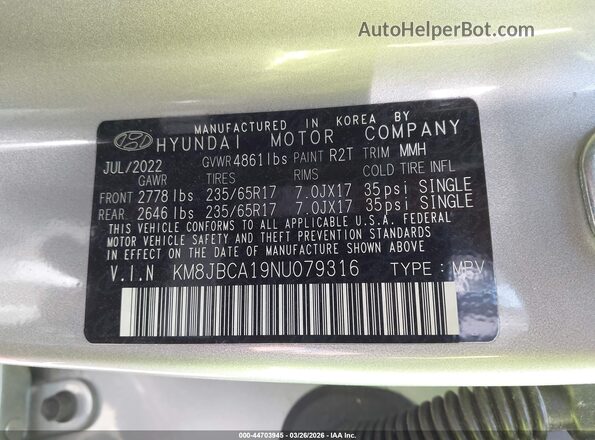 KM8JBCA19NU079316 2022 HYUNDAI TUCSON HYBRID Silver Vista del compartimento del motor