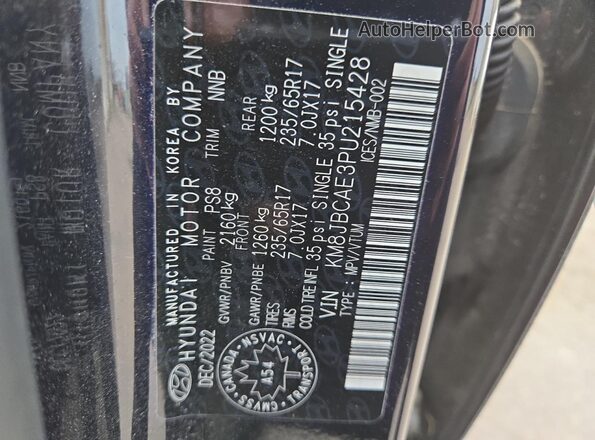 KM8JBCAE3PU215428 2023 HYUNDAI TUCSON Blue VIN կոդի պիտակի տեսք