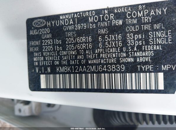 KM8K12AA2MU643839 2021 HYUNDAI KONA White Widok komory silnika