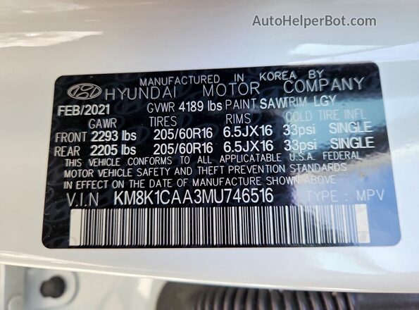KM8K1CAA3MU746516 2021 HYUNDAI KONA White Widok komory silnika