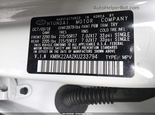 KM8K22AA2KU233794 2019 HYUNDAI KONA Белый Вид подкапотного пространства