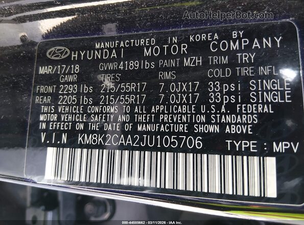 KM8K2CAA2JU105706 2018 HYUNDAI KONA Черный Вид подкапотного пространства