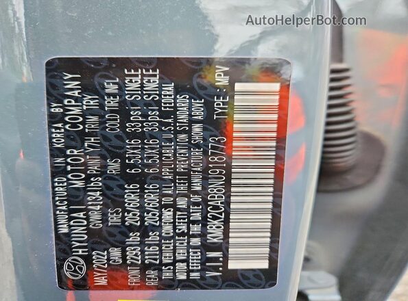 KM8K2CAB8NU918773 2022 HYUNDAI KONA Gray Вид наклейки з VIN-кодом