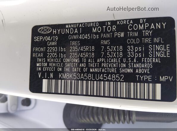 KM8K53A58LU454852 2020 HYUNDAI KONA White ძრავის განყოფილების ხედი