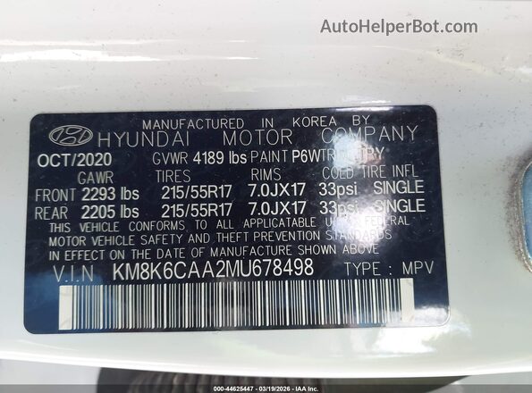 KM8K6CAA2MU678498 2021 HYUNDAI KONA Белый Вид подкапотного пространства