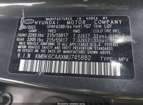KM8K6CAAXMU745882 2021 HYUNDAI KONA Gray Вид підкапотного простору