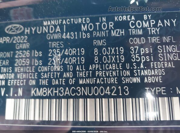KM8KH3AC3NU004213 2022 HYUNDAI KONA N Black ძრავის განყოფილების ხედი
