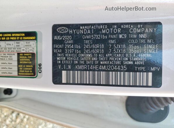 KM8R14HE4MU204435 2021 HYUNDAI PALISADE White VIN კოდის სტიკერის ხედი