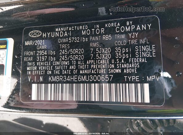 KM8R34HE6MU300657 2021 HYUNDAI PALISADE Black ძრავის განყოფილების ხედი