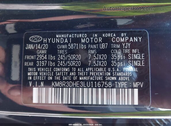 KM8R3DHE3LU116758 2020 HYUNDAI PALISADE Black Vista del compartimento del motor
