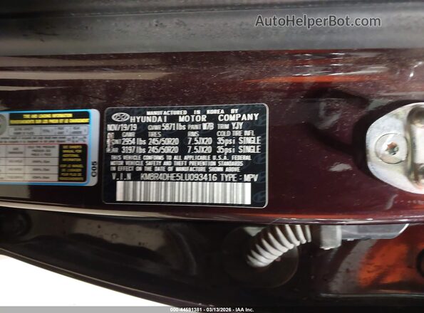 KM8R4DHE5LU093416 2020 HYUNDAI PALISADE Maroon Շարժիչի բաժամունքի տեսք