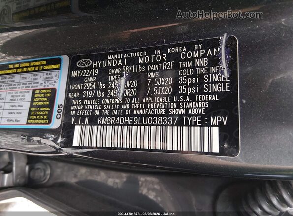 KM8R4DHE9LU038337 2020 HYUNDAI PALISADE Gray Widok komory silnika