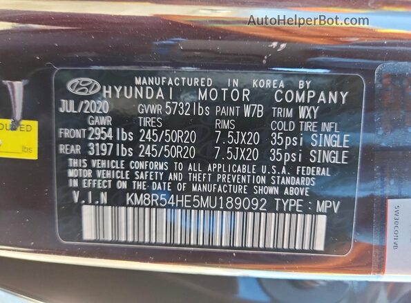 KM8R54HE5MU189092 2021 HYUNDAI PALISADE Purple VIN կոդի պիտակի տեսք