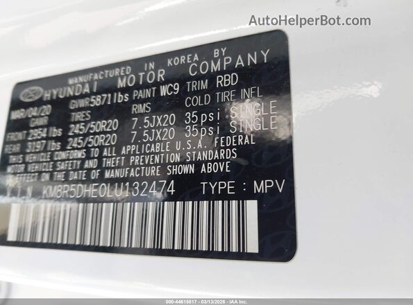 KM8R5DHE0LU132474 2020 HYUNDAI PALISADE White 