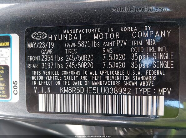 KM8R5DHE5LU038932 2020 HYUNDAI PALISADE Gray Widok komory silnika