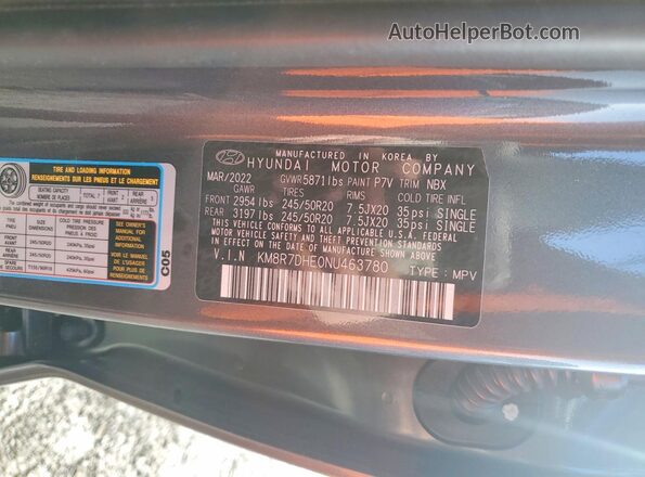 KM8R7DHE0NU463780 2022 HYUNDAI PALISADE Gray Vista de la etiqueta del VIN